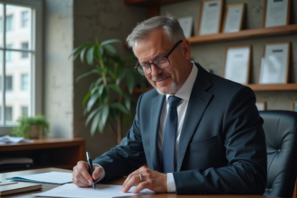 Administrateur hospitalier en costume dans son bureau