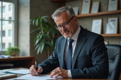 Administrateur hospitalier en costume dans son bureau