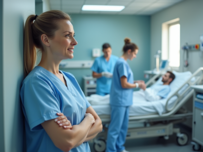 Aide-soignante en blouse bleue dans un hôpital professionnel