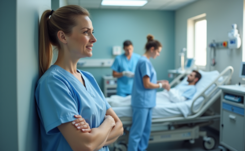 Aide-soignante en blouse bleue dans un hôpital professionnel