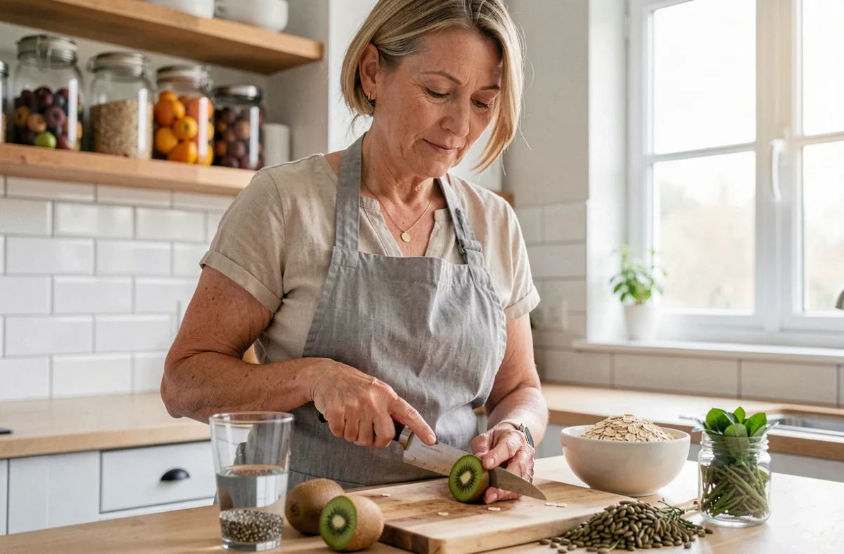 Femme préparant des aliments contre la constipation : kiwi, graines de chia et flocons d'avoine dans une cuisine