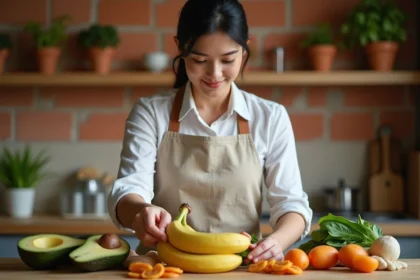 Femme préparant des aliments riches en potassium comme les bananes, avocats et épinards sur un comptoir de cuisine en bois