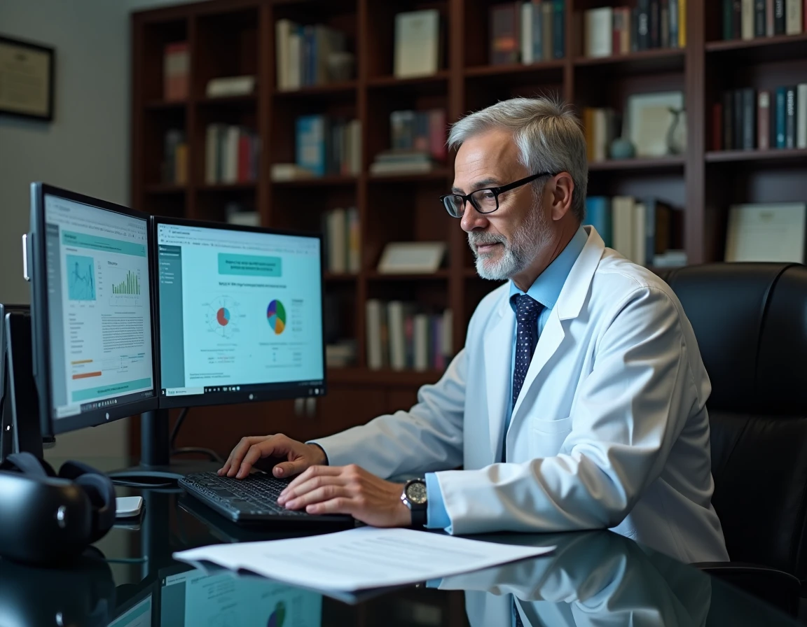 Neurologue analysant les données coût-bénéfice d'un casque de réalité virtuelle thérapeutique sur écran d'ordinateur