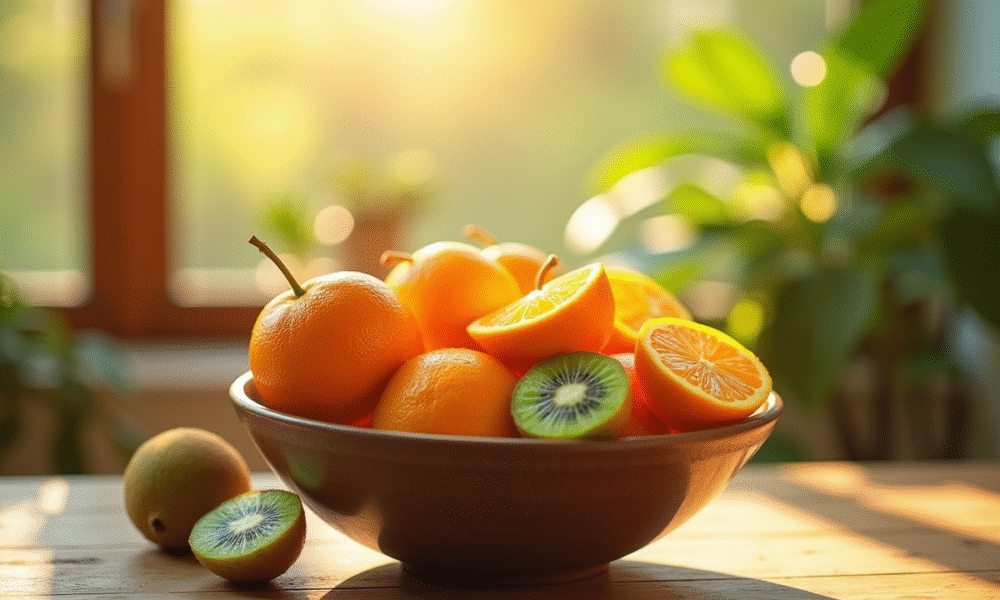 Panier de fruits frais riches en vitamine D sous lumière naturelle