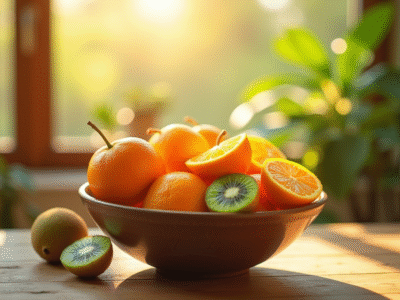 Panier de fruits frais riches en vitamine D sous lumière naturelle