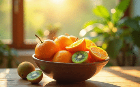Panier de fruits frais riches en vitamine D sous lumière naturelle