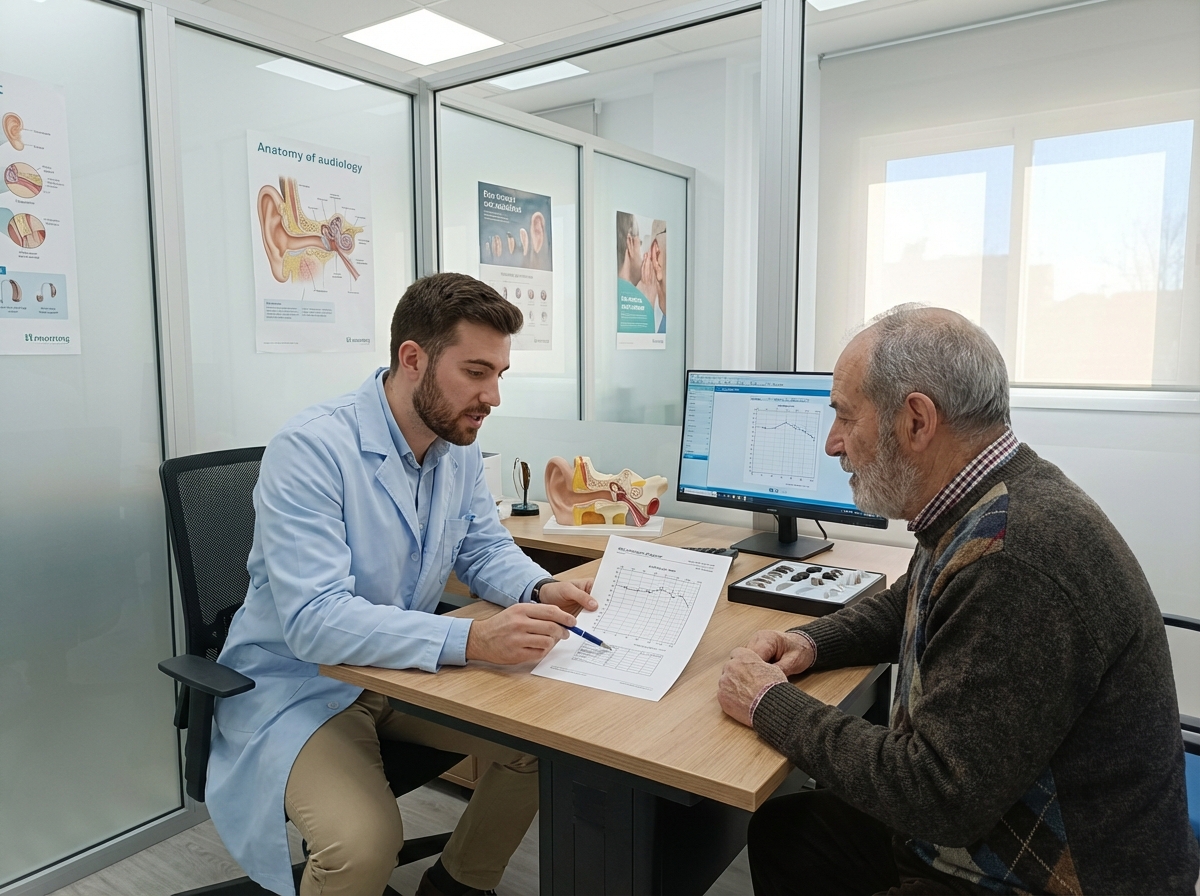 Jeune audiologiste expliquant un audiogramme à un patient senior