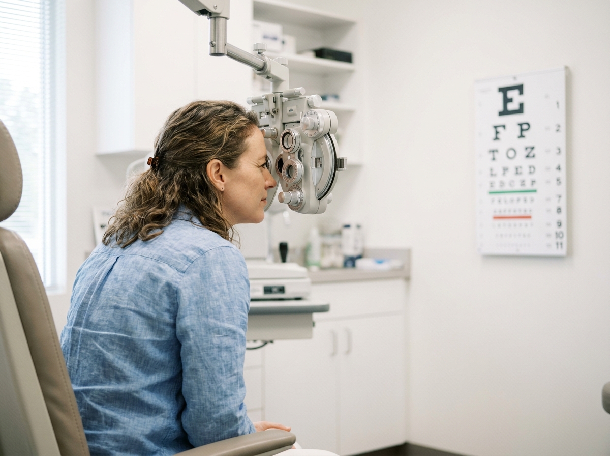 Femme de 38 ans lors d'un bilan de vue chez l'opticien, lisant un tableau optométrique avec attention