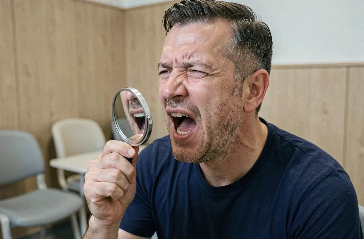 Homme examinant son palais dans un miroir après une douleur buccale