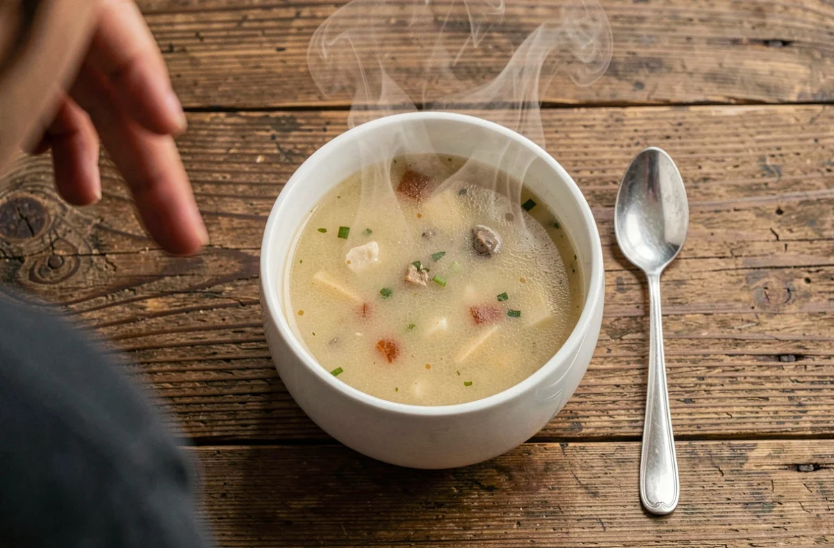 Bol de soupe fumante symbolisant le risque de brûlure au palais lors de la consommation d'aliments chauds