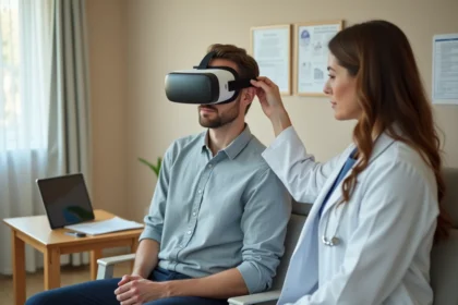 Professionnelle de santé ajustant un casque de réalité virtuelle thérapeutique sur un patient en cabinet de rééducation
