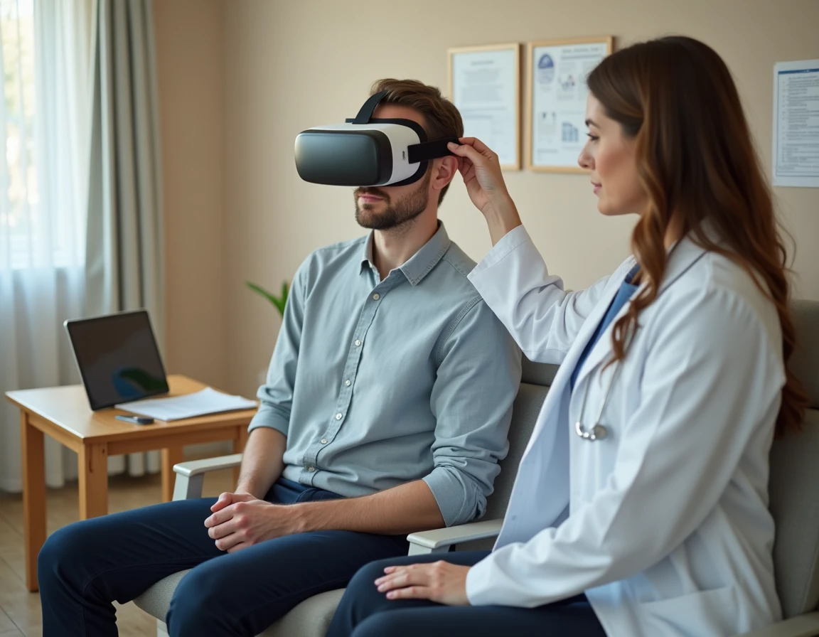 Professionnelle de santé ajustant un casque de réalité virtuelle thérapeutique sur un patient en cabinet de rééducation