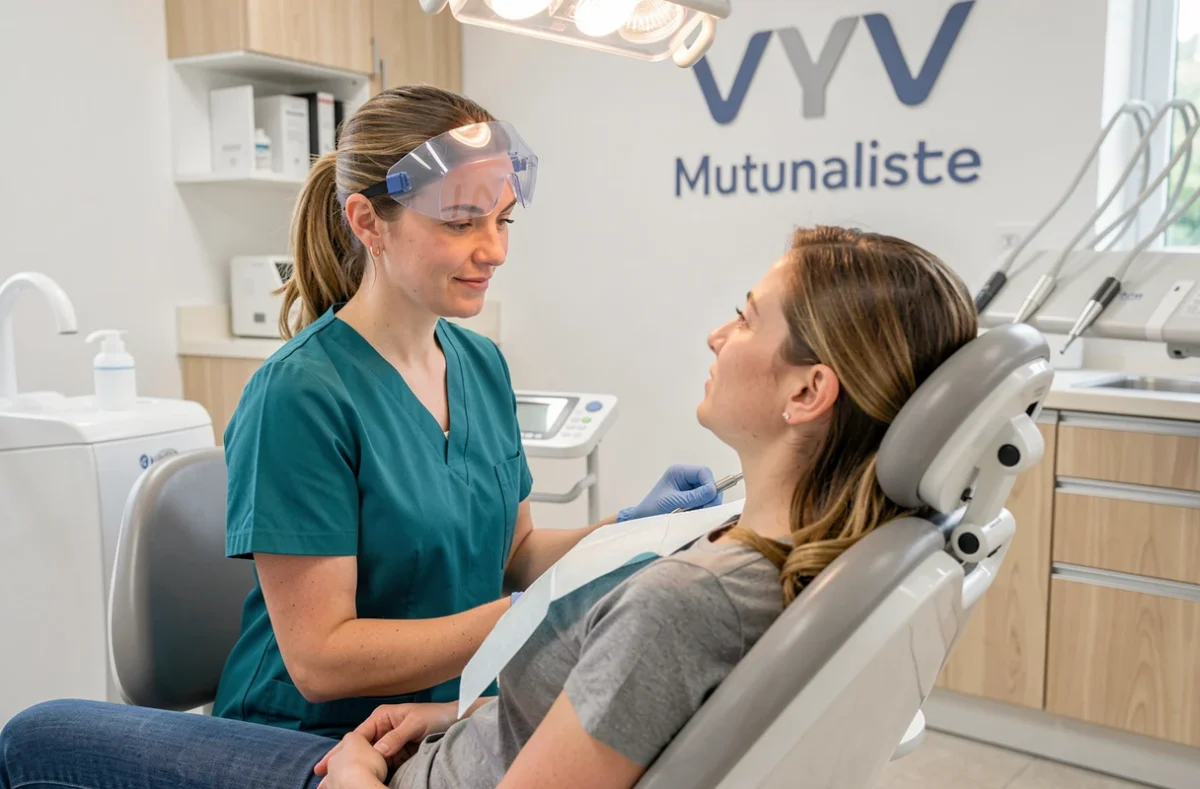Dentiste du centre dentaire mutualiste VYV 3 Bretagne de Lannion examinant une patiente adulte