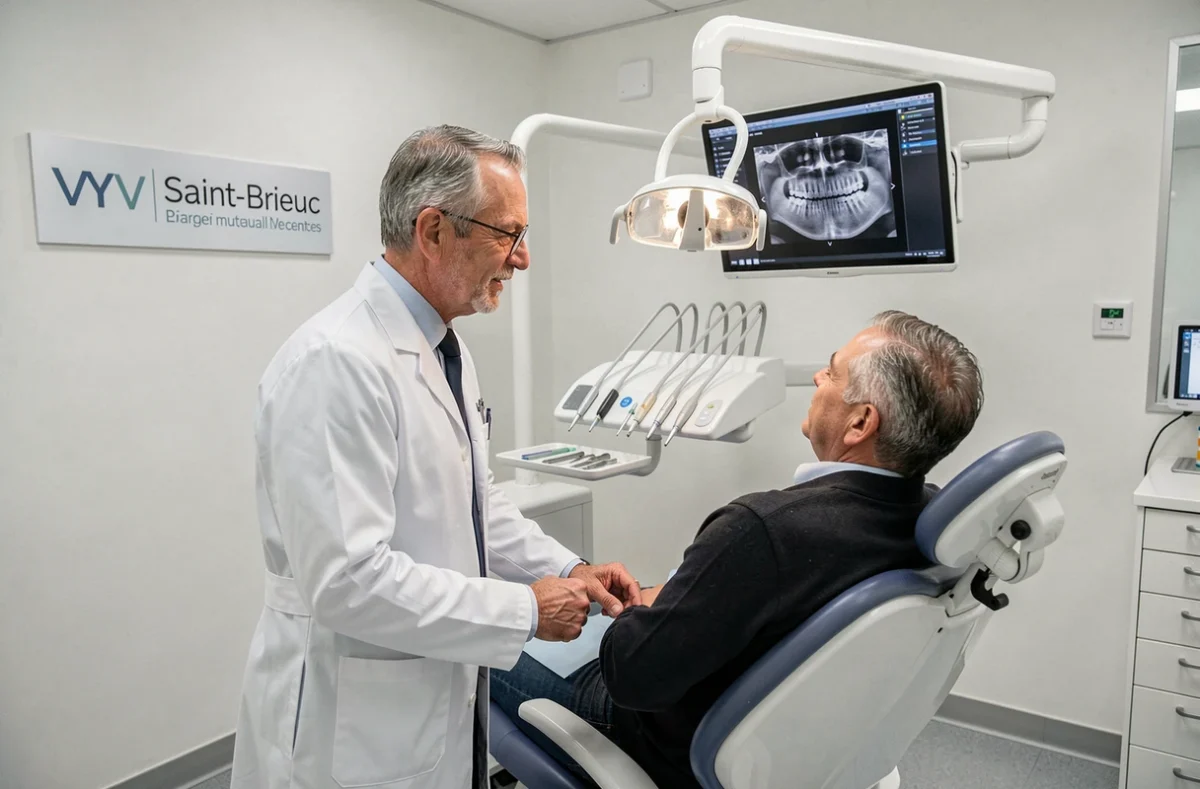 Cabinet dentaire mutualiste VYV 3 Bretagne de Saint-Brieuc avec un praticien et son patient en consultation