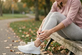 Femme assise sur un banc tenant sa cheville droite gonflée après une blessure pendant le jogging