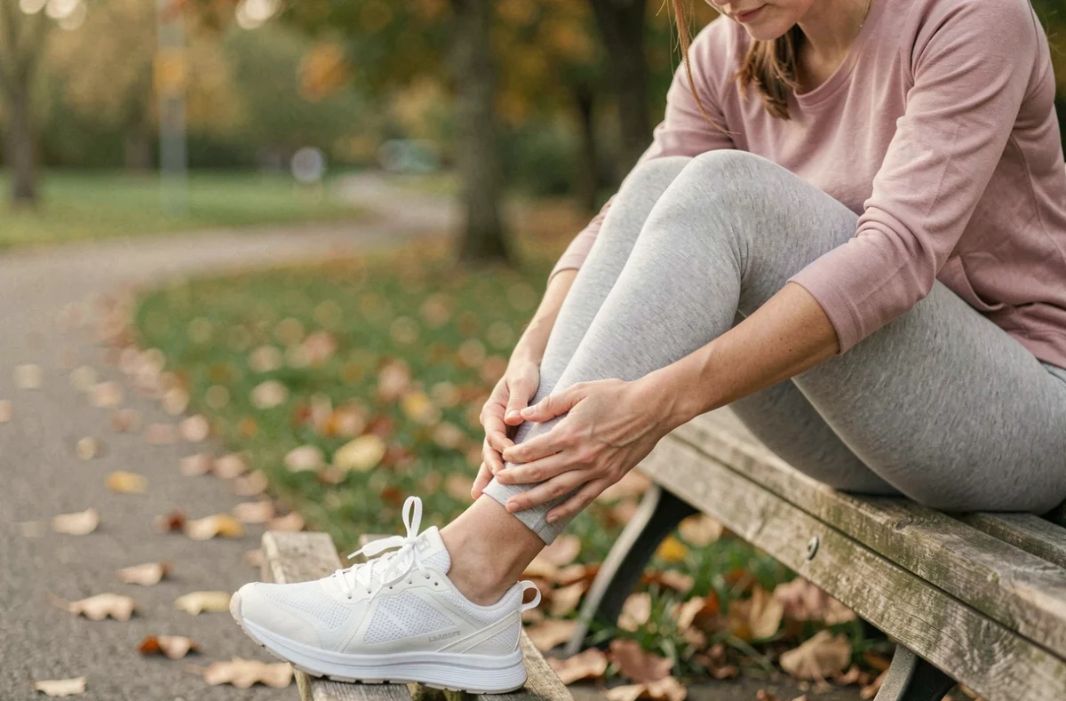 Femme assise sur un banc tenant sa cheville droite gonflée après une blessure pendant le jogging