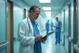 Chirurgien en blouse blanche dans un couloir d'hôpital moderne consultant ses dossiers