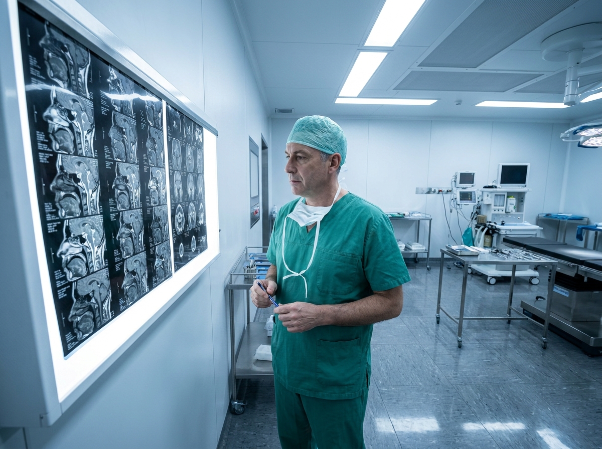 Chirurgien spécialisé en rhinoplastie examinant des scanners nasaux dans une salle d'opération stérile et équipée