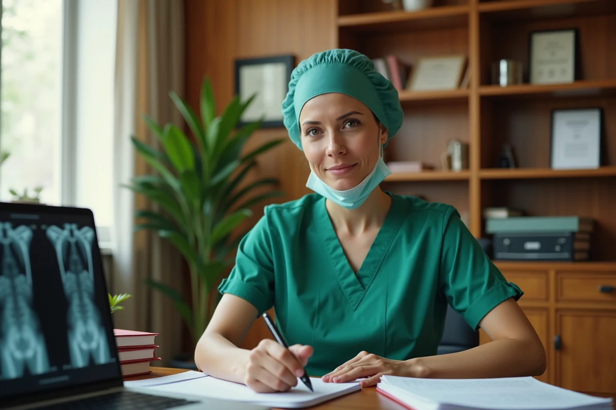 Chirurgienne dans son bureau médical révisant des dossiers de patients avec diplômes au mur