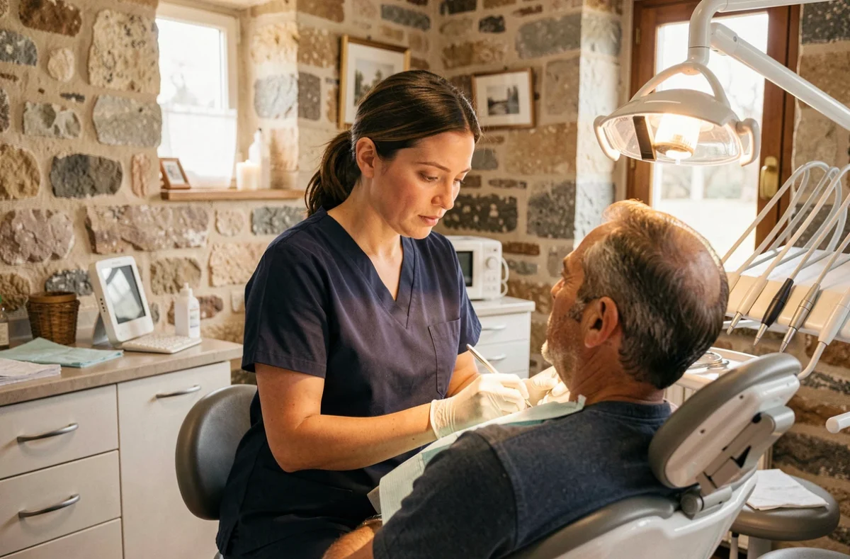 Chirurgien-dentiste du secteur de Dinan en pleine consultation dans un cabinet alliant architecture bretonne et équipements modernes