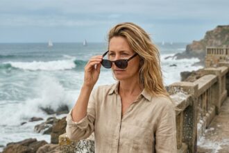 Femme examinant des lunettes de soleil polarisées face à la mer sur un bord de côte rocheux