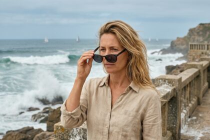 Femme examinant des lunettes de soleil polarisées face à la mer sur un bord de côte rocheux