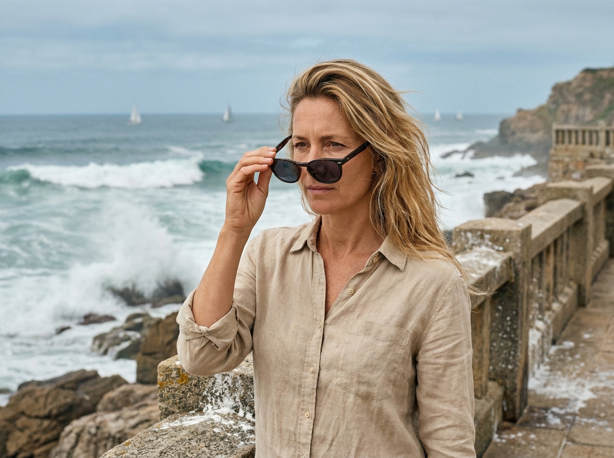 Femme examinant des lunettes de soleil polarisées face à la mer sur un bord de côte rocheux