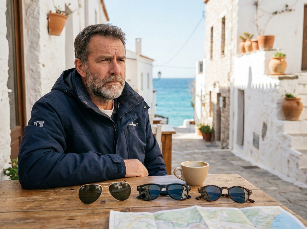 Homme comparant plusieurs paires de lunettes de soleil sur une terrasse de café face à la Méditerranée