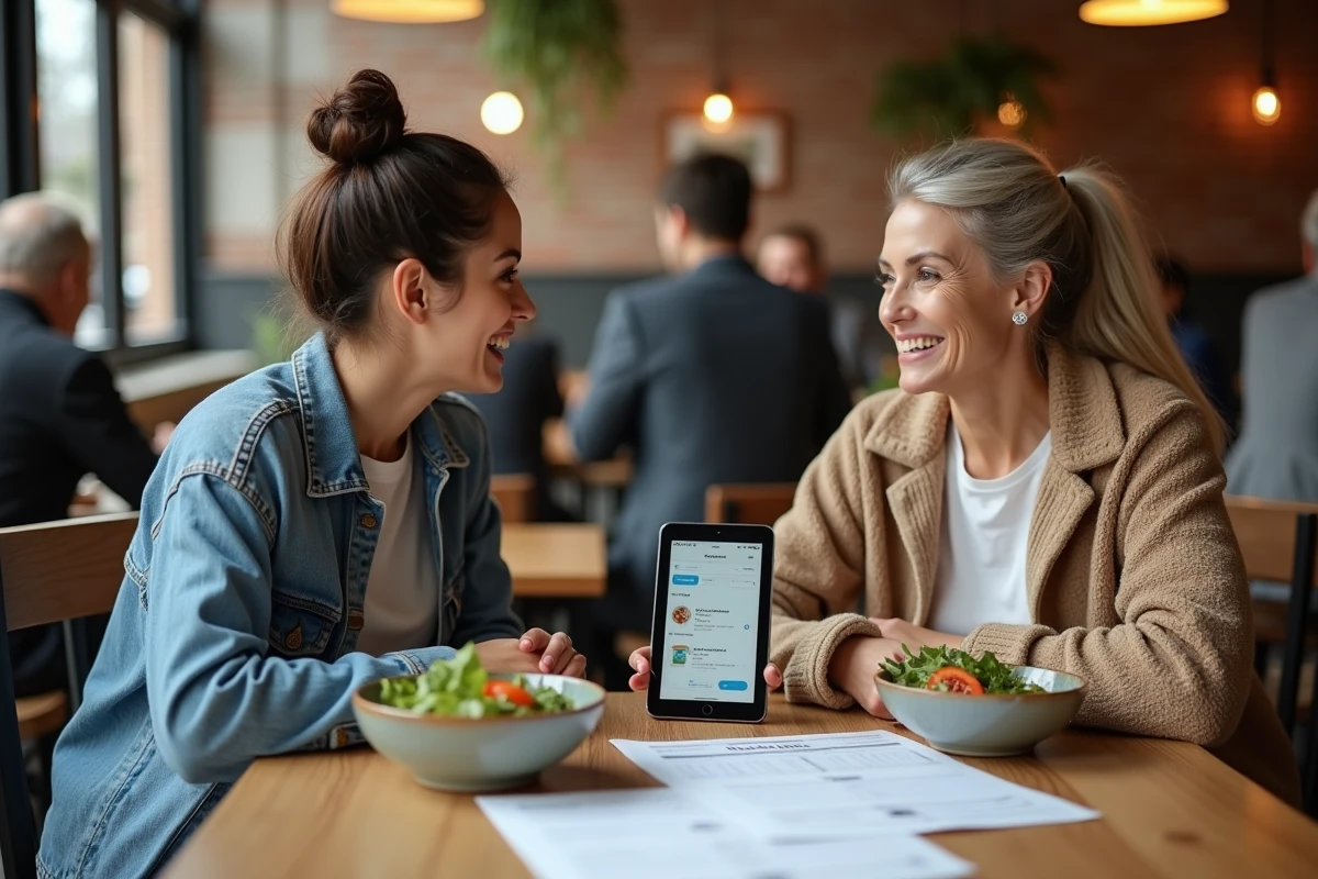 Deux femmes comparant des méthodes de régime avec des plans repas imprimés et une application nutritionnelle dans un café