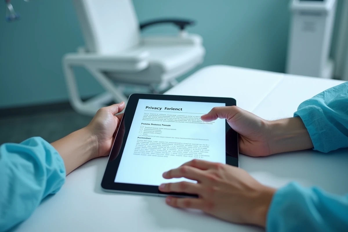 Mains d'un patient et d'un professionnel de santé au-dessus d'un formulaire de consentement numérique sur tablette, confidentialité médicale en ligne