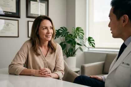 Femme en consultation préopératoire avec un chirurgien esthétique spécialisé en rhinoplastie dans un cabinet médical moderne