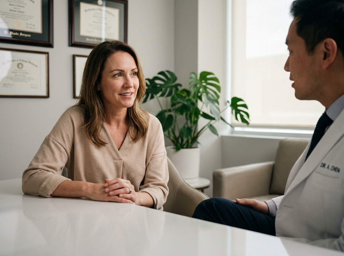 Femme en consultation préopératoire avec un chirurgien esthétique spécialisé en rhinoplastie dans un cabinet médical moderne