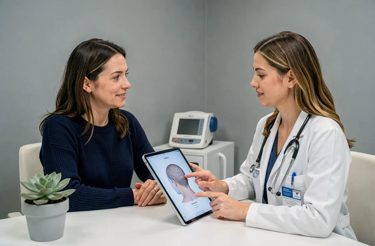 Consultation dermatologique pour stress et chute de cheveux chez la femme, nouvelles approches thérapeutiques en 2026