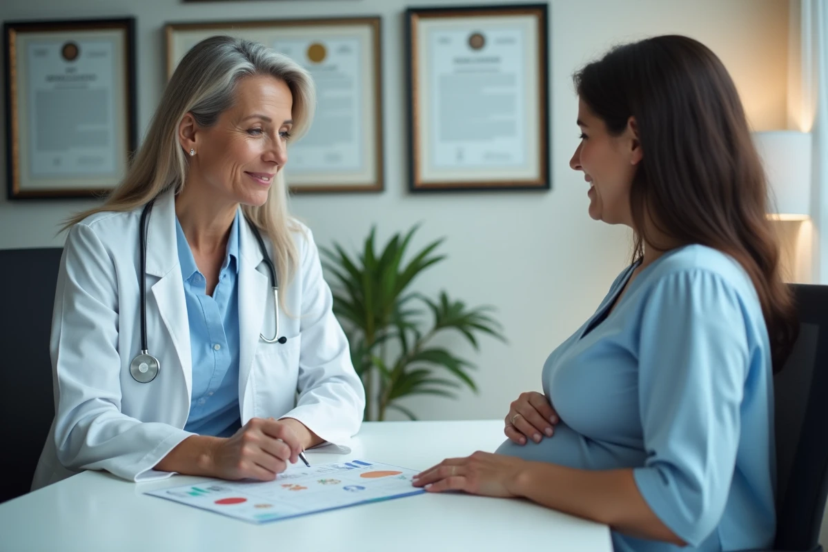 Médecin obstétricienne expliquant les recommandations alimentaires sur la toxoplasmose à une patiente enceinte lors d'une consultation médicale