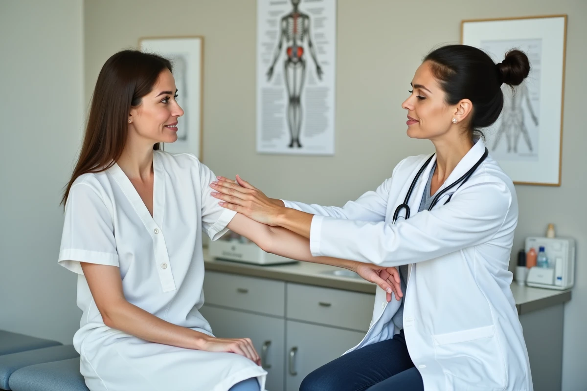 Médecin examinant l'aisselle gauche d'une patiente lors d'une consultation médicale pour douleur et ganglions
