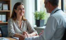 Femme en blouse discutant avec un médecin dans un cabinet moderne