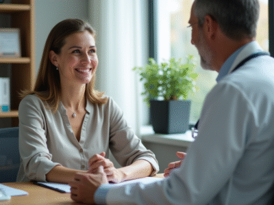 Femme en blouse discutant avec un médecin dans un cabinet moderne