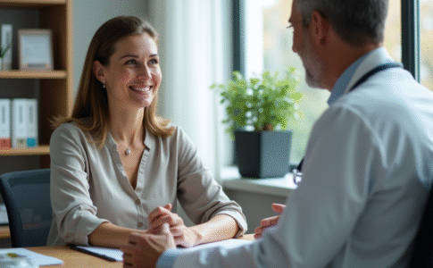 Femme en blouse discutant avec un médecin dans un cabinet moderne