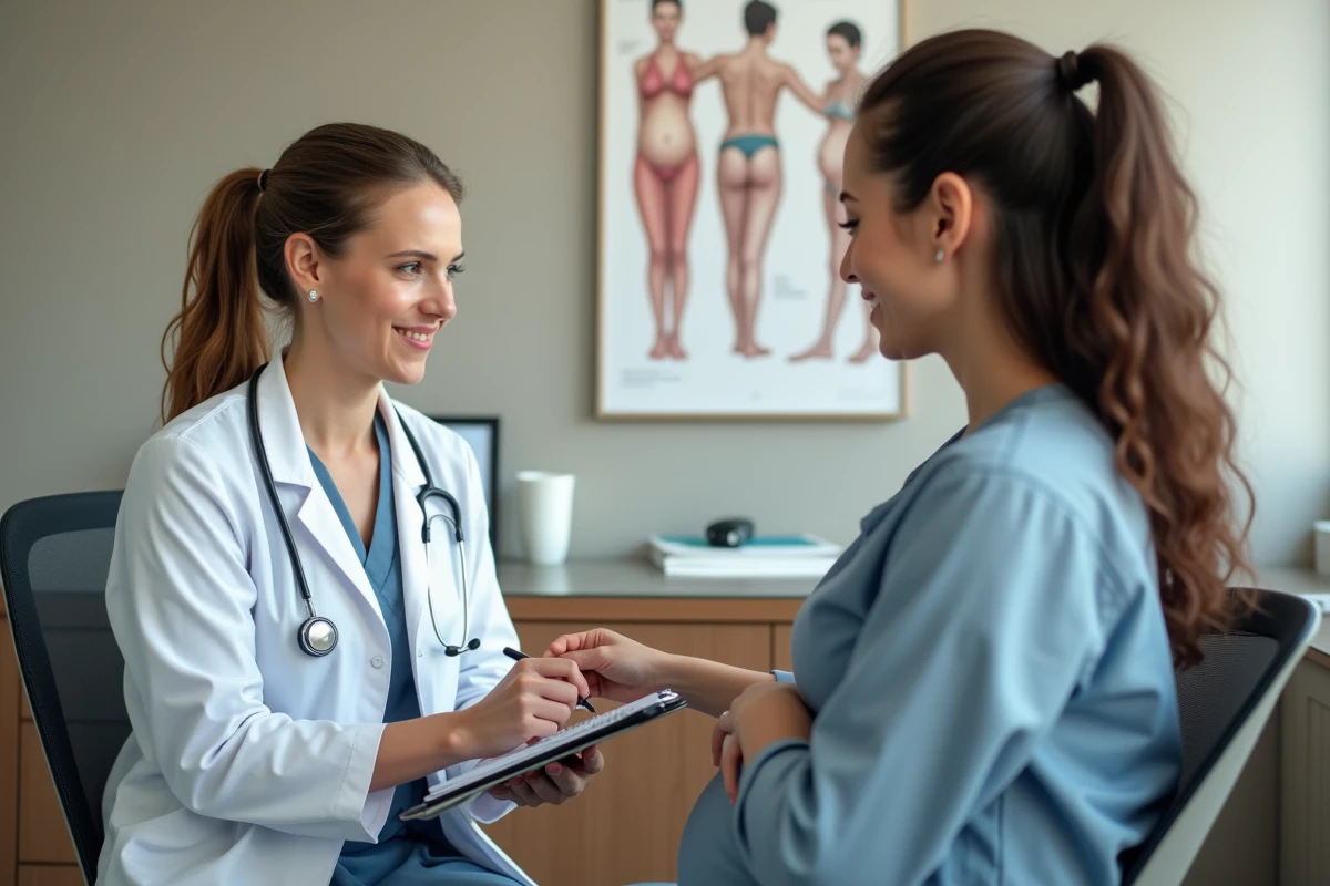 Consultation médicale prénatale avec une femme enceinte expliquant des fourmillements dans le bras à sa gynécologue
