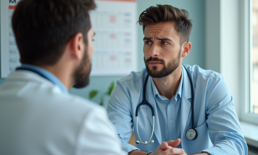 Jeune adulte inquiet consultant un médecin dans une clinique lumineuse