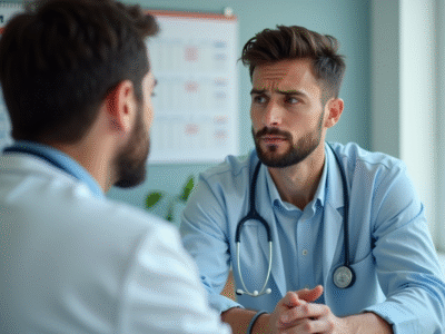 Jeune adulte inquiet consultant un médecin dans une clinique lumineuse