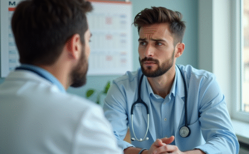 Jeune adulte inquiet consultant un médecin dans une clinique lumineuse