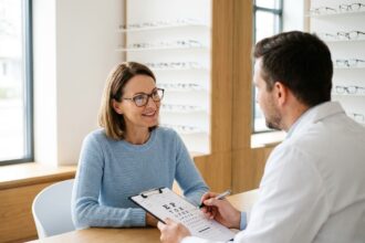Femme en consultation chez un nouvel opticien pour changer ses lunettes et soulager ses yeux