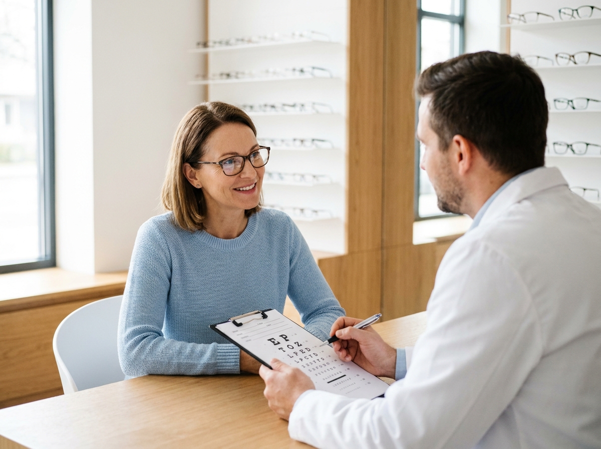 Femme en consultation chez un nouvel opticien pour changer ses lunettes et soulager ses yeux