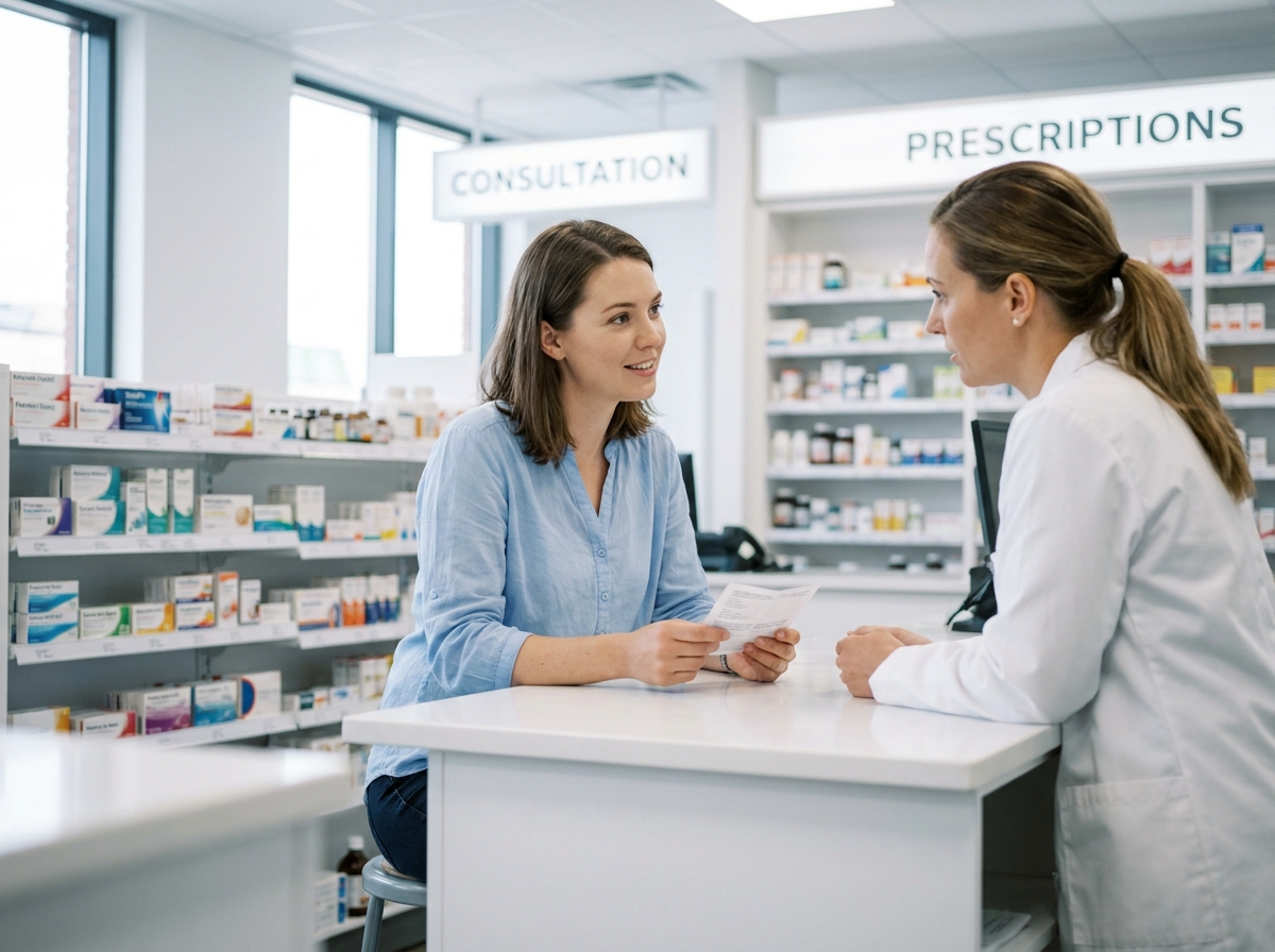 Jeune femme consultant une pharmacienne pour obtenir des conseils sur le traitement des allergies saisonnières