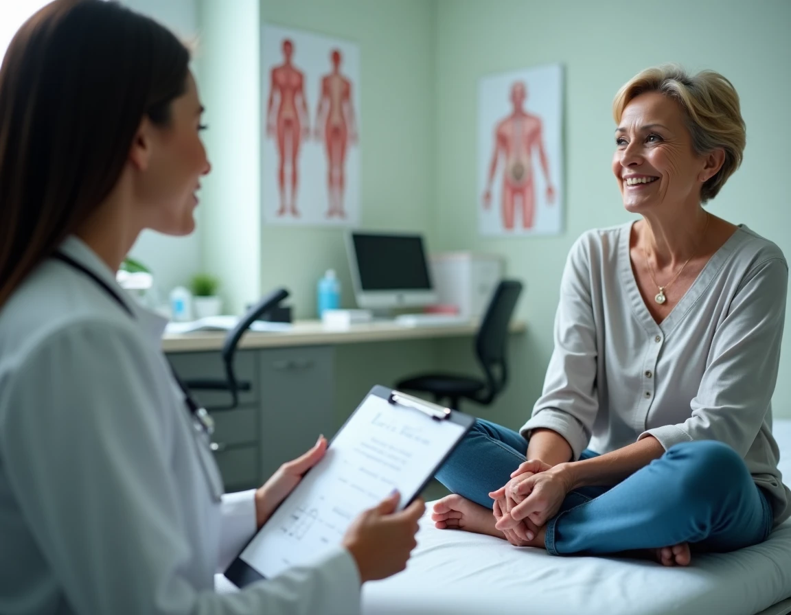 Patiente en consultation de suivi gynécologique après ablation de trompe, échangeant avec sa médecin dans un cabinet médical