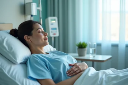 Femme en convalescence après ablation de trompe allongée dans un lit d'hôpital, main posée sur l'abdomen, expression fatiguée et apaisée