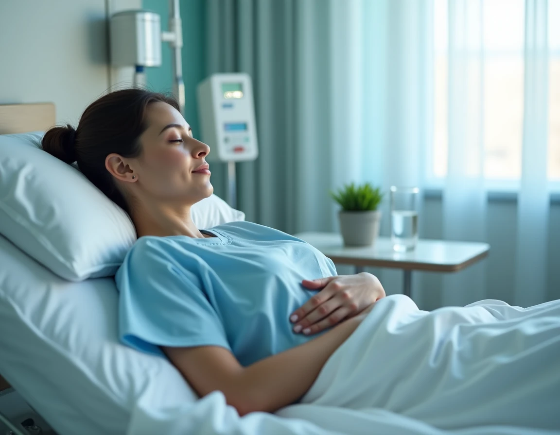 Femme en convalescence après ablation de trompe allongée dans un lit d'hôpital, main posée sur l'abdomen, expression fatiguée et apaisée