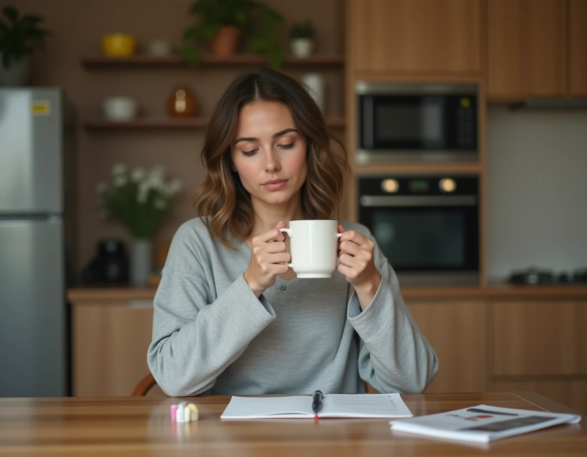 Femme en convalescence à domicile après chirurgie gynécologique, assise à la cuisine avec une tisane et une brochure médicale