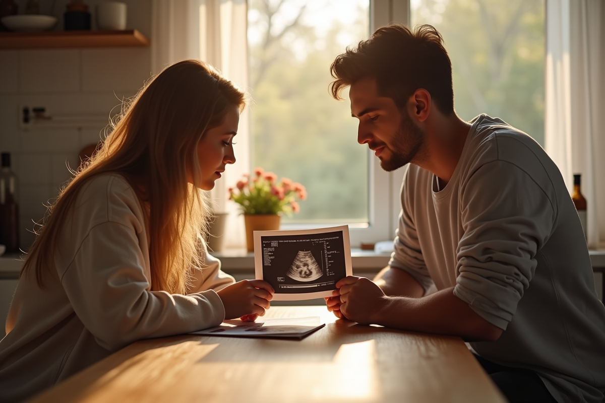 Jeune couple regardant des photos d